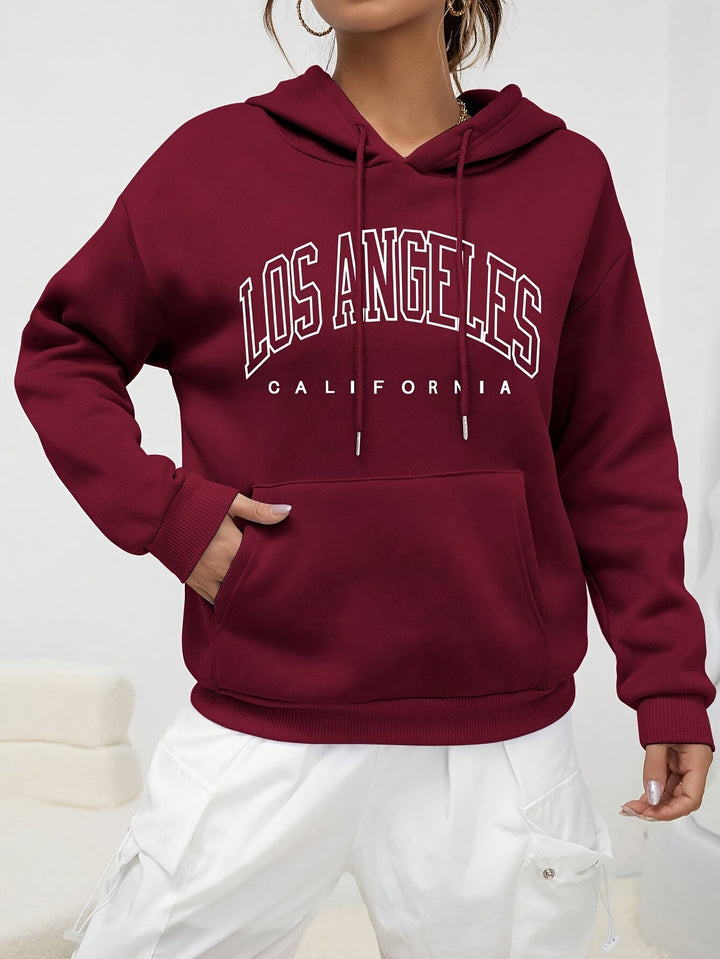 Los Angeles California Graphic Print Hoodie for Women - Casual Long Sleeve Drawstring Hooded Sweatshirt with Kangaroo Pocket, 100% Polyester Slight Stretch Fabric, Fall/Winter Collection