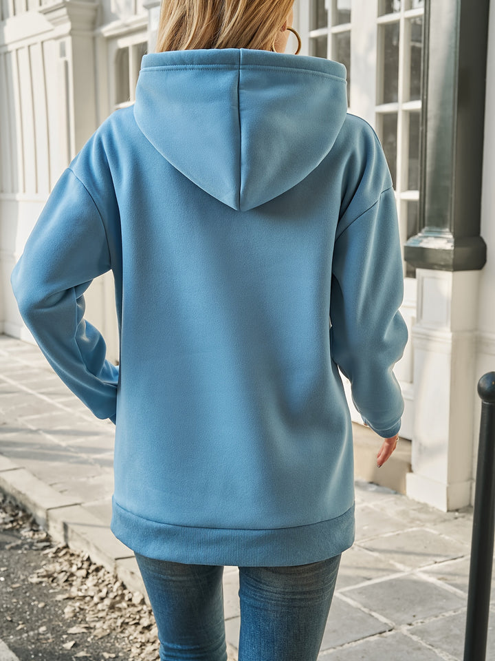 Smile Print Drawstring Hoodie, Casual Long Sleeve Hooded Sweatshirt With Kangaroo Pocket For Fall & Winter, Women's Clothing