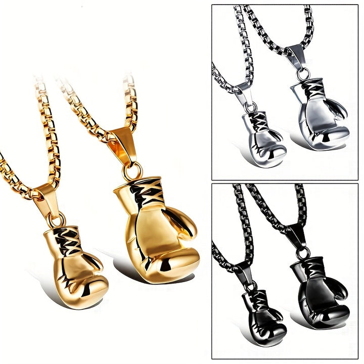 Men's Vintage Boxing Glove Pendant Necklace - Stainless Steel, Titanium Finish, Fashionable Punk Style