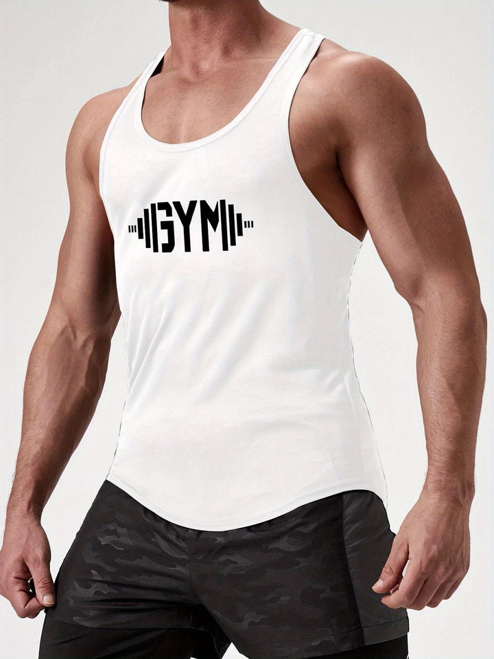 GYM Dumbbell Pattern Men's Summer Tank Top, Men's Breathable Lightweight Top For Fitness