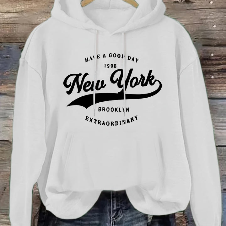 Women's New York Brooklyn Letter Print Long Sleeve Hoodie - Casual Knit Polyester Hooded Sweatshirt for Fall/Winter