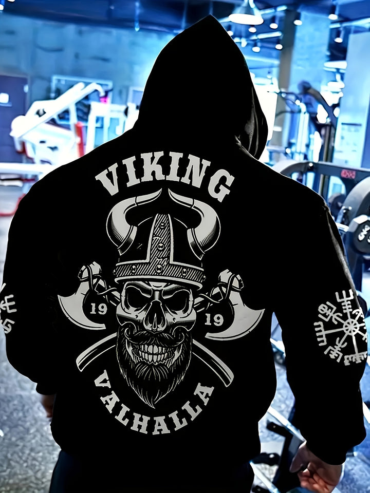 Plus Size Viking Skull Print Hoodie, Polyester 100%, Street Style Hooded Sweatshirt, Regular Fit, Geometric Pattern, Slight Stretch Knit Fabric, for Casual Fashion Pullover