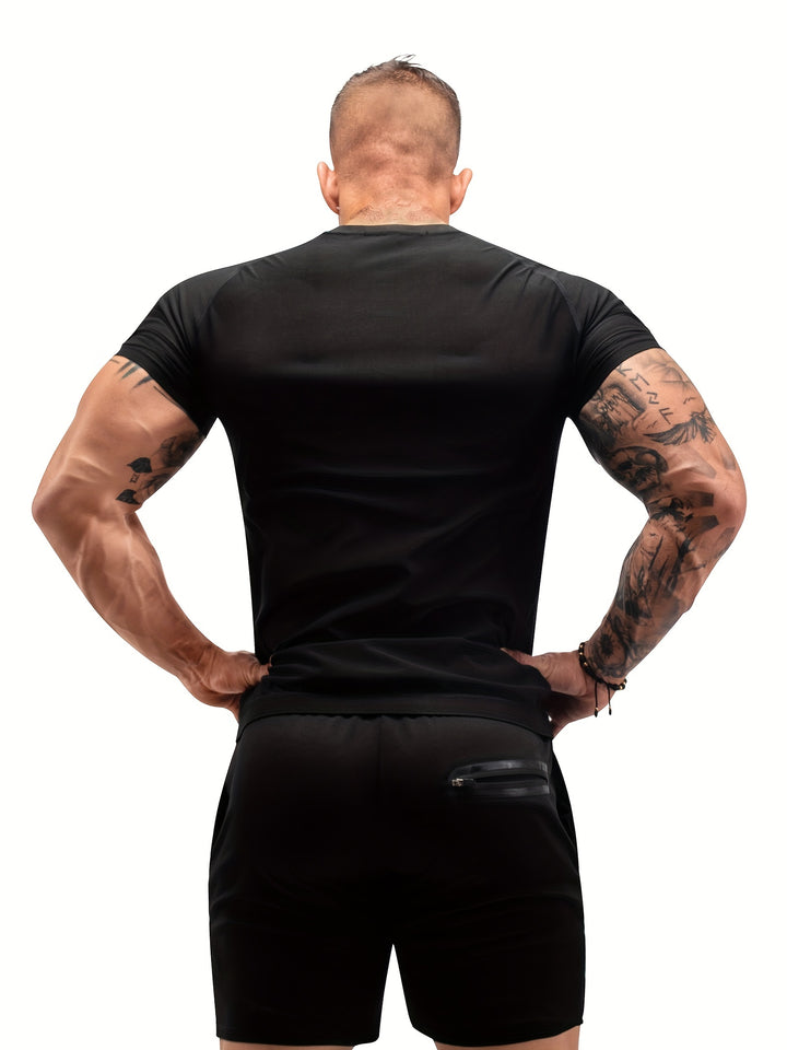 Men's Solid Skinny Fit Crew Neck And Short Sleeve Sauna Sweat T-shirt, Stretchable And Active Sports Tops Versatile For Summer Body-shaping, Fitness And Gym Wear