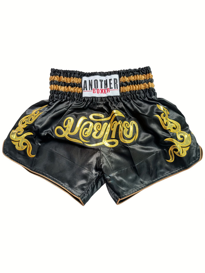 Combat Ready, Embroidered Black Boxing Shorts for MMA & Muay Thai - Durable Polyester, Non-Stretch, Machine Washable - Perfect for Training & Sports