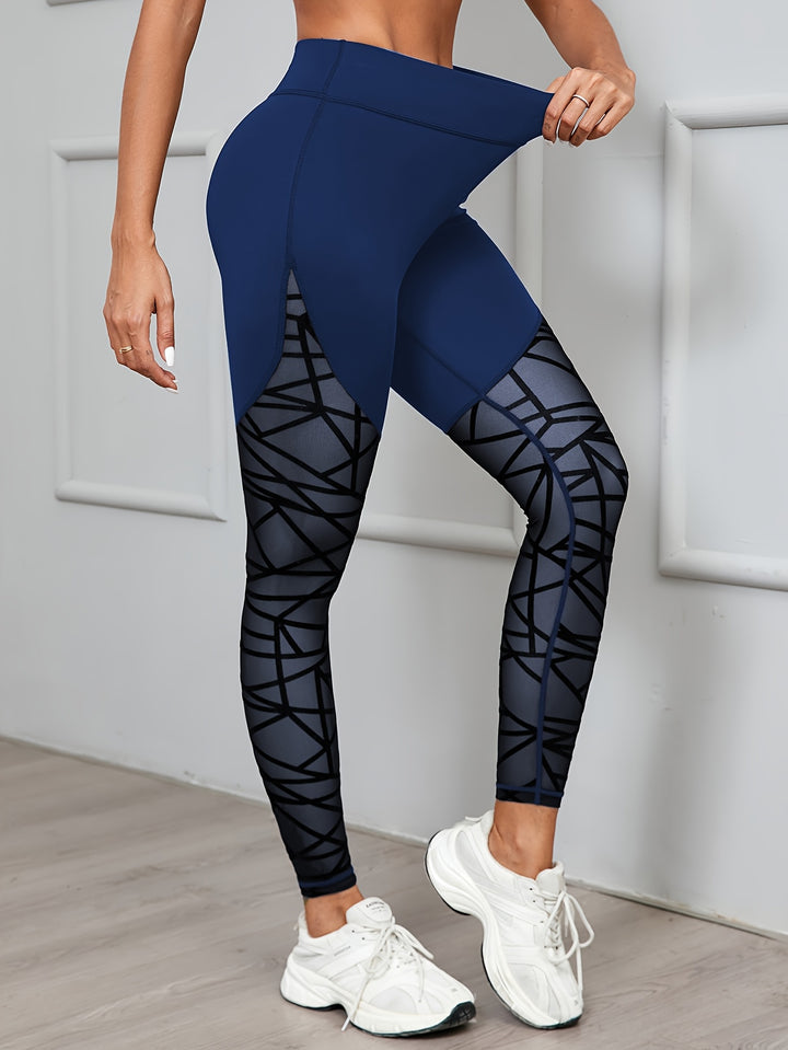 Women's High Waist Geometric Mesh Stitching Daily Fitness Yoga Leggings, Women's Activewear