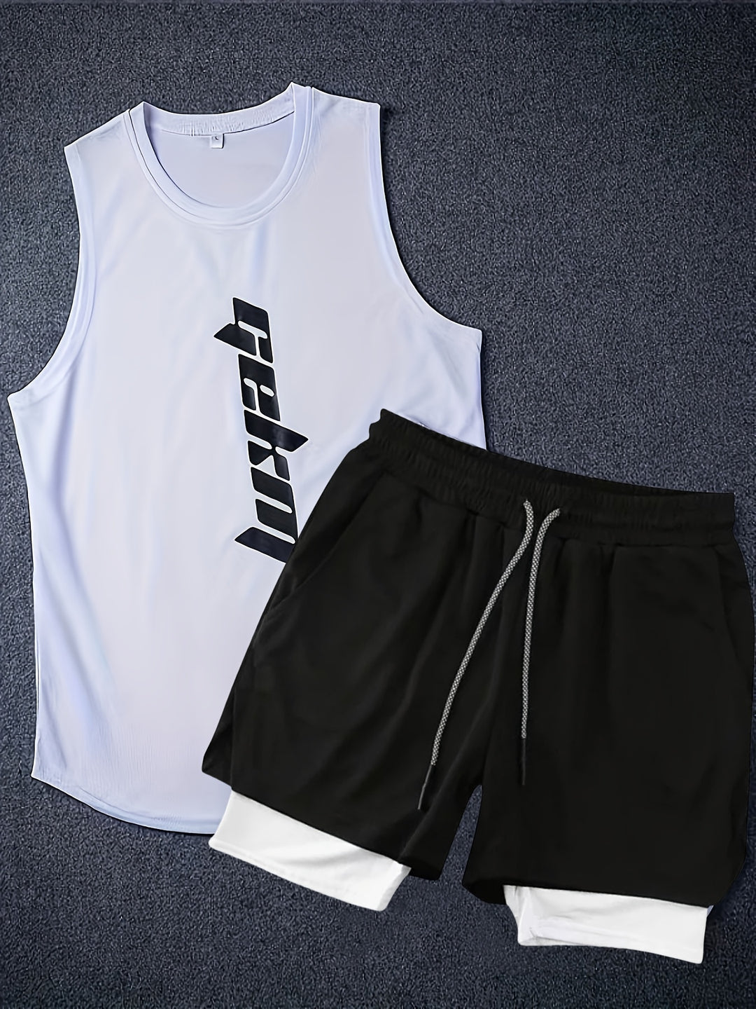 Men's Summer Fashion 2-pack Co Ord Set Of Sportswear, Letter Print Tank Top & 2 In 1 Drawstring Shorts, Chic And Stylish Set For Fitness Running And Training Wear