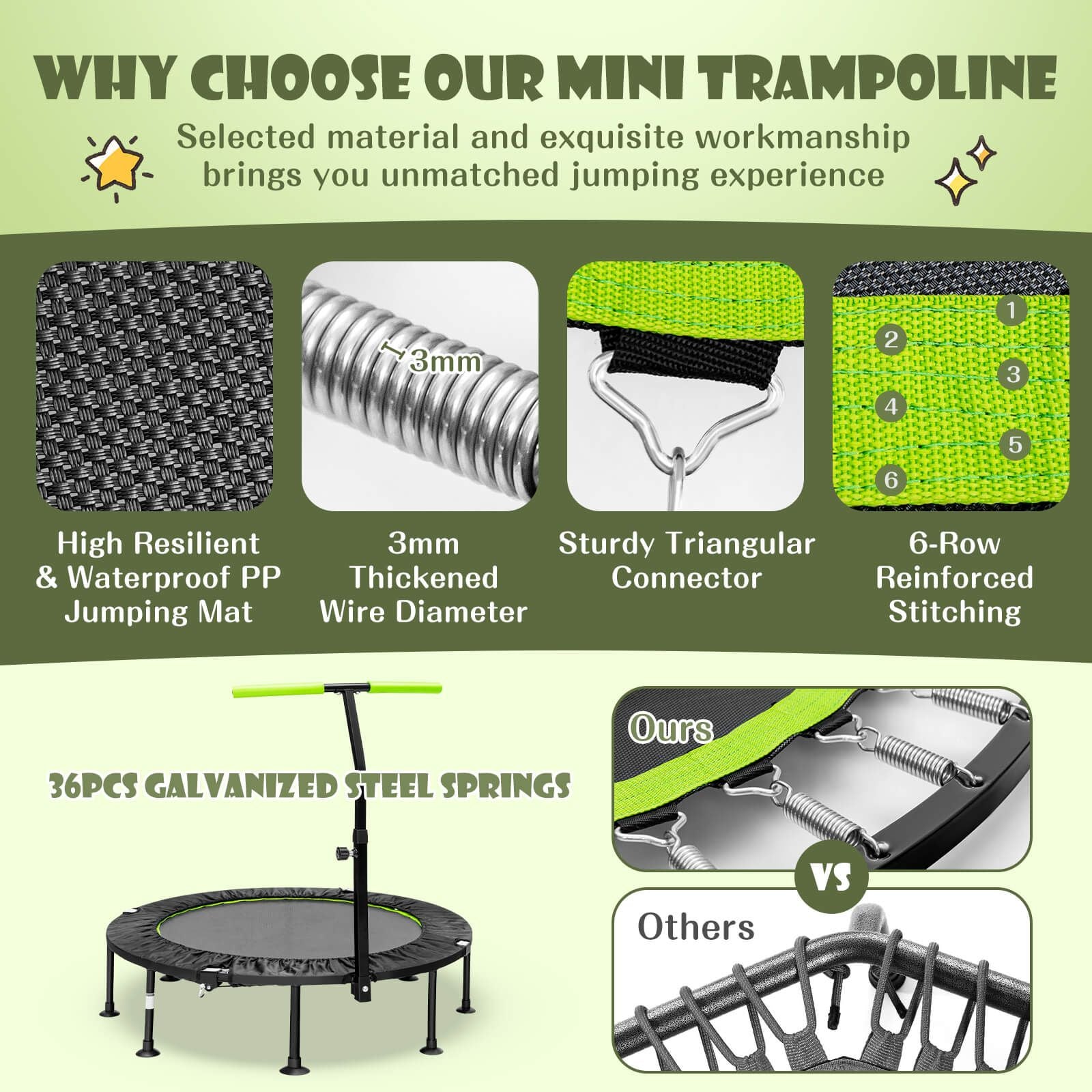 110 CM Mini Trampoline Bounce with Height Adjustable Handrail