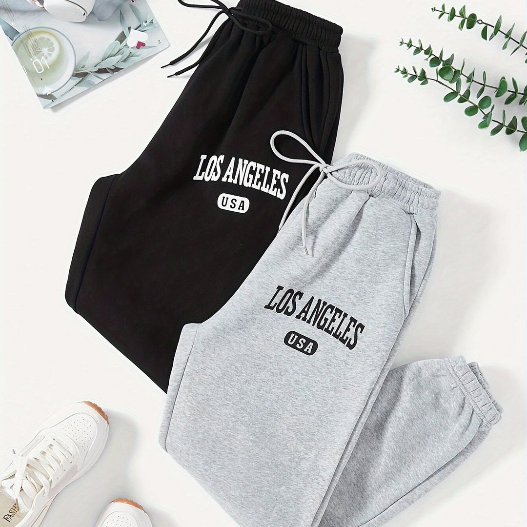 2-Pack Los Angeles USA Print Plush-Lined Sweatpants For Women, Casual Streetwear Jogger, Elastic Waist Drawstring, Athletic Pants Set, For Fall & Winter