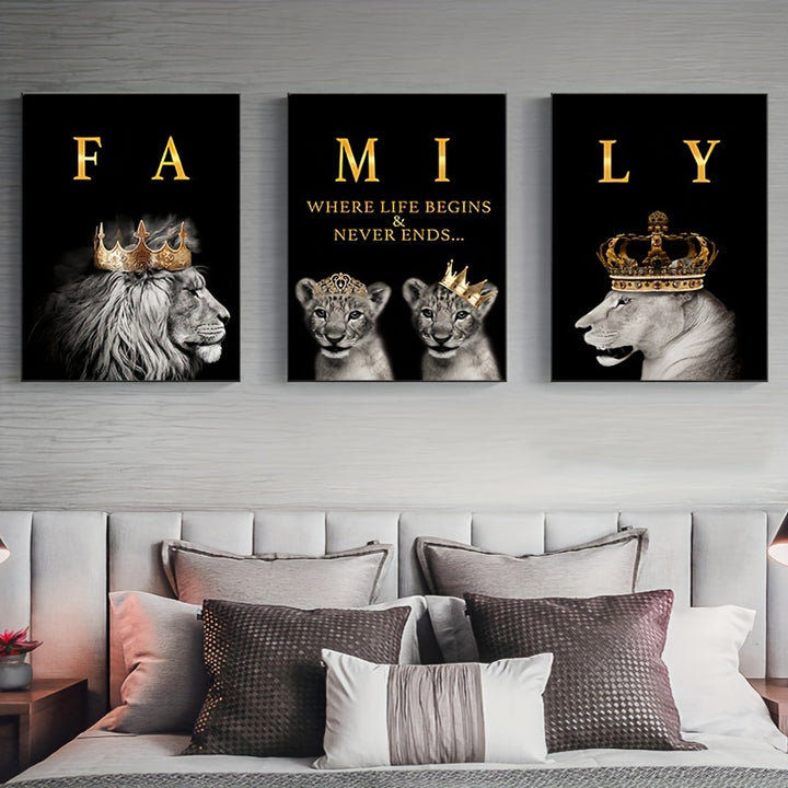 3pcs 15.7*23.6in/40cm*60cm Frameless Modern Abstract Family Of Lions Motivational Quotes Wall Art Canvas Painting Art for Living Room Cuadros Decor No Frame