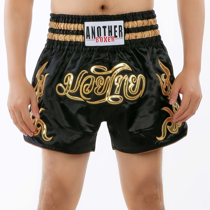 Combat Ready, Embroidered Black Boxing Shorts for MMA & Muay Thai - Durable Polyester, Non-Stretch, Machine Washable - Perfect for Training & Sports