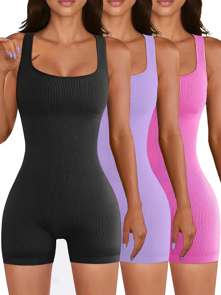 3pcs Women's Solid Color Sleeveless Yoga Jumpsuits, Seamless Ribbed Knit Gym Bodysuits, Casual Athletic Tank Rompers