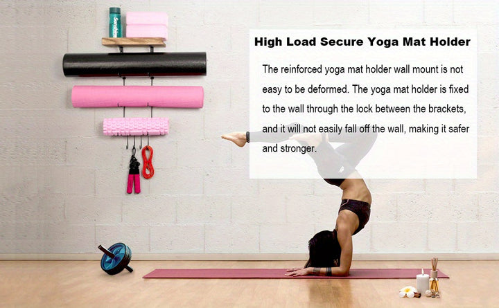 Yoga Mat Holder Accessories Wall Mount Organizer Storage Decor Foam Roller and Towel Storage Rack with 4 Hooks and Wooden Shelves Yoga Mats Rack Resistance Bands for Home Gym School Office