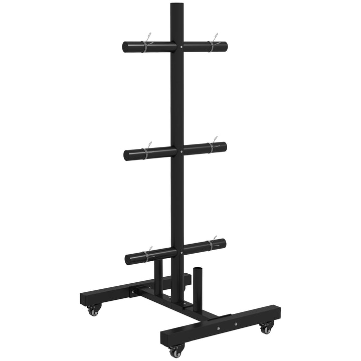 Weight Rack for Olympic Weight Plate, 3 Tier Weight Tree for 2 inch Plates and Bars, Weight Organizer Stand with 4 Transport Wheels and Clamps for Home Gym, Black