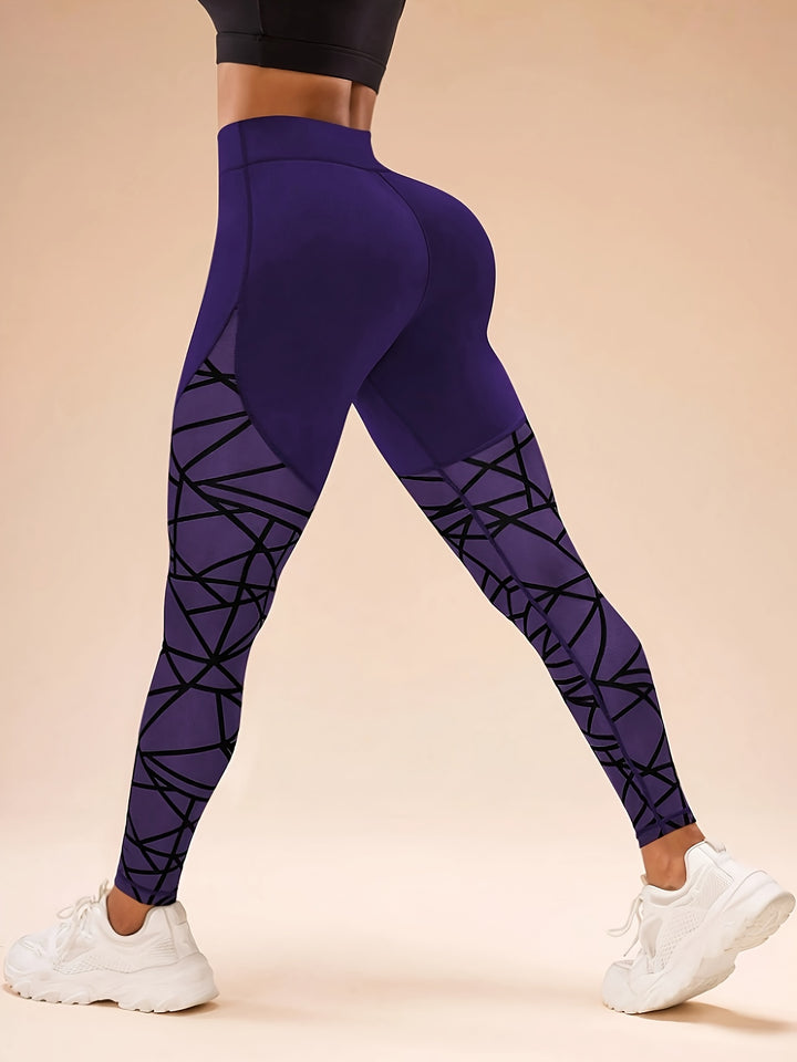 Women's High Waist Geometric Mesh Stitching Daily Fitness Yoga Leggings, Women's Activewear