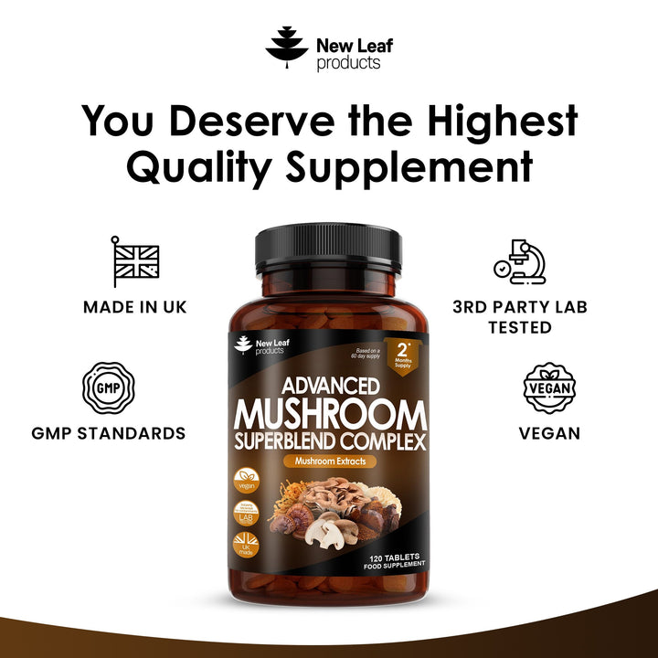 Mushroom Complex - Lions Mane Mushroom Cordyceps Mushroom Chaga Mushroom Reishi Mushroom Shiitake and Maitake Mushroom Blend - High Potency Mushroom Supplement - Made in The UK Made in The UK