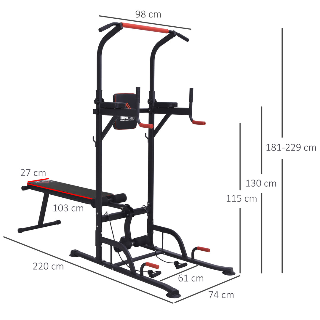 Multifunction Power Tower Home Workout Dip Station w/ Sit-up Bench Push-up Bars and Tension Ropes Fitness Equipment Office Gym Training