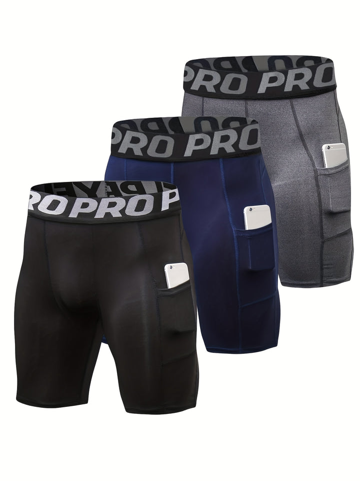 3pcs Men's High-Elastic Compression Shorts - PRO Pro Pro Design, Breathable & Stretchy Fabric, Perfect for Gym, Running & Sports Activities, Black with Side Pockets, Plus Size Shorts