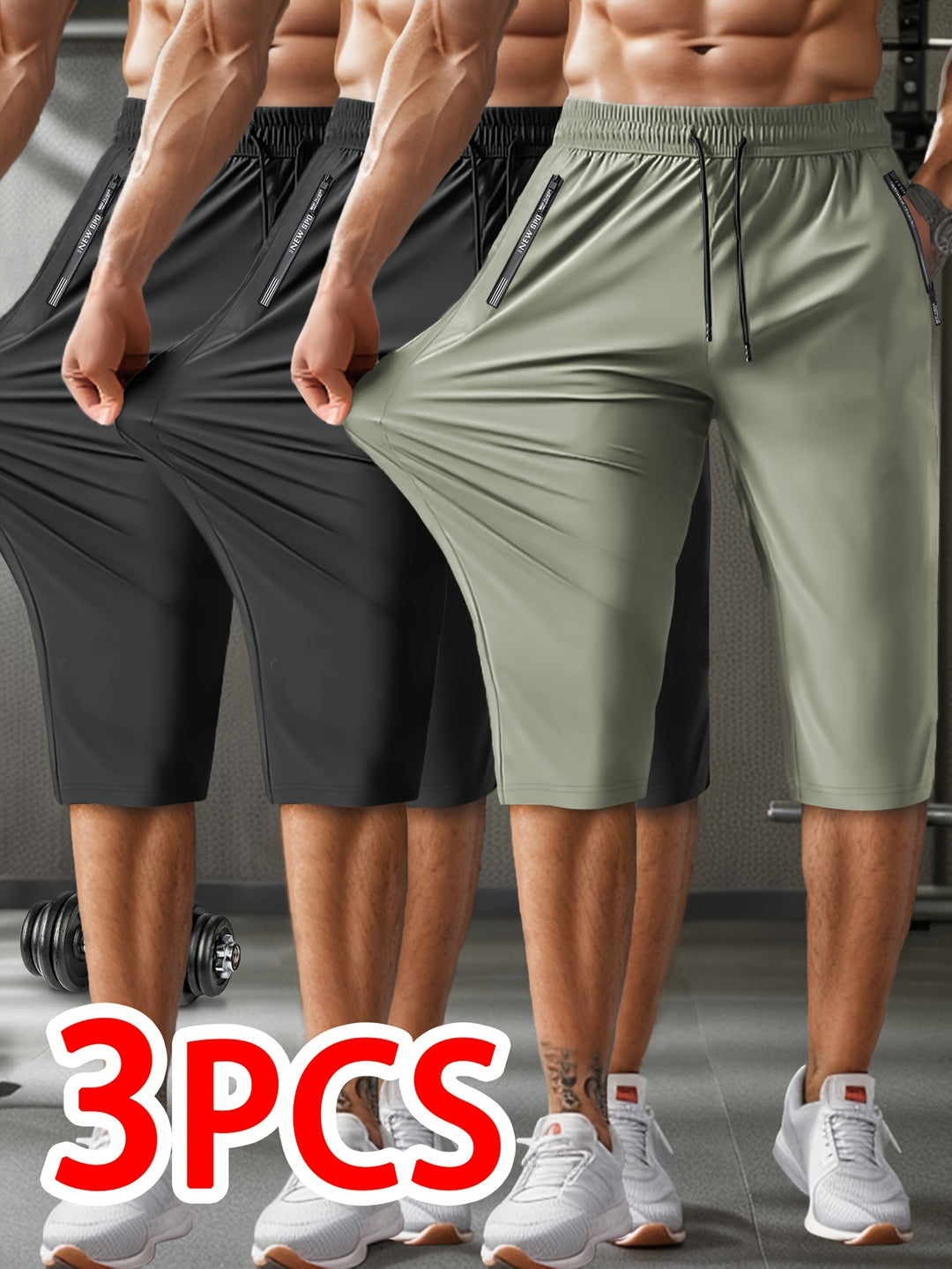 3pcs Men'S Casual Active Polyamide Shorts, High Stretch Knit Fabric, Solid Color, Straight Leg, with Pockets, Elastic Waist with Drawstring