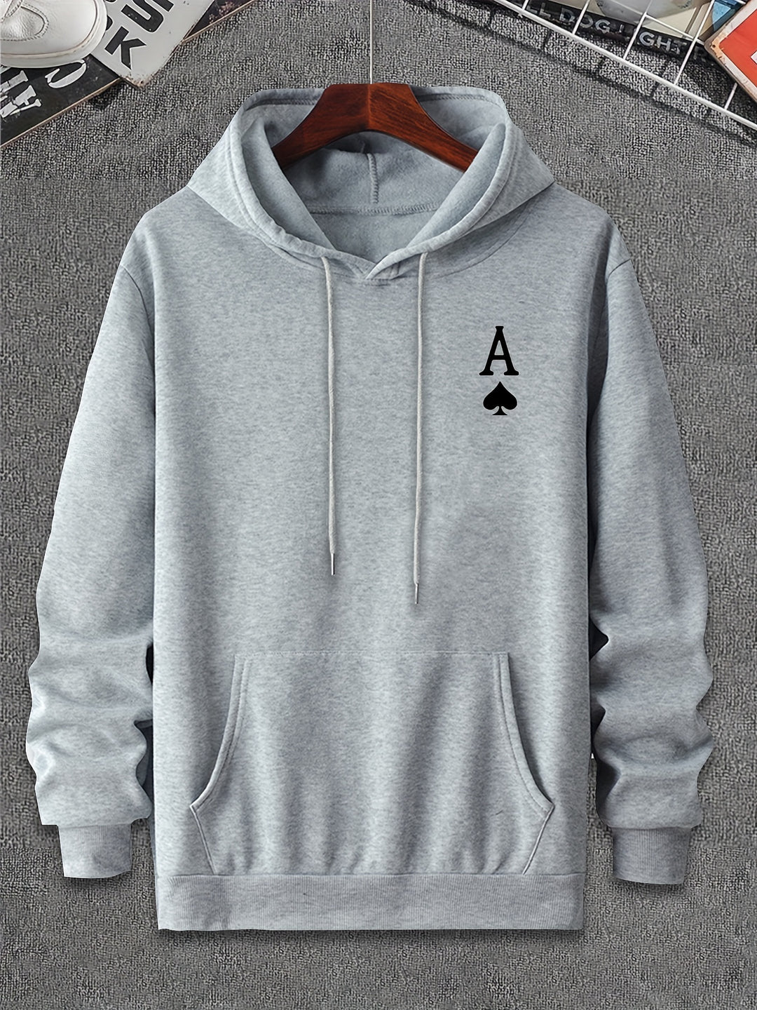 Men's Casual Pullover Hoodie with Geometric Spade Print, Polyester, Regular Fit, Knit Fabric, Pocket Detail, Sports Sweatshirt