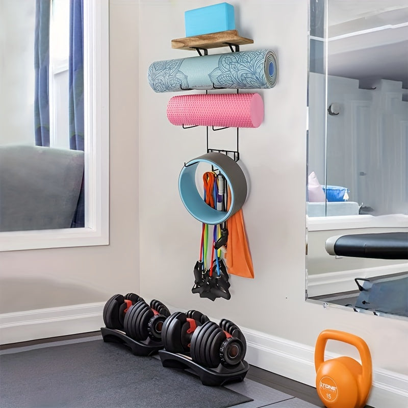 Yoga Mat Holder Accessories Wall Mount Organizer Storage Decor Foam Roller and Towel Storage Rack with 4 Hooks and Wooden Shelves Yoga Mats Rack Resistance Bands for Home Gym School Office