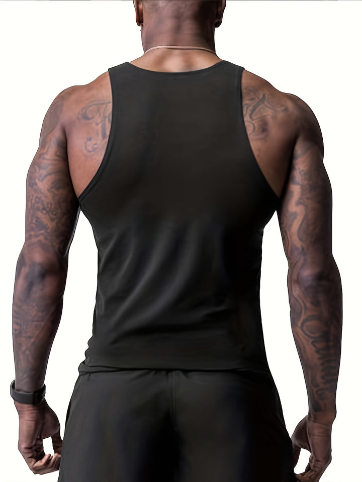 Solid Stretch Men's Tank Top For Summer, Men's Breathable Sleeveless Top For Gym Fitness