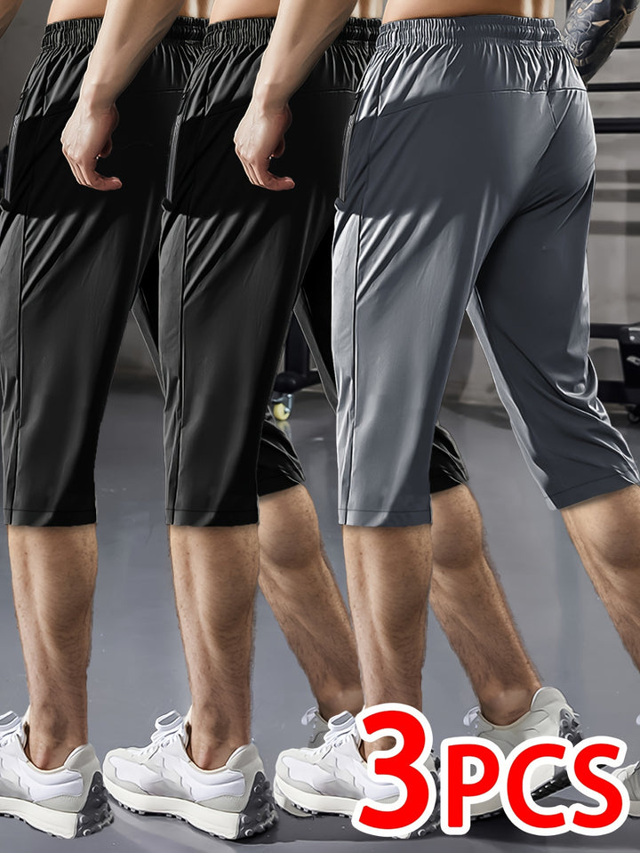 3pcs Men'S Casual Active Polyamide Shorts, High Stretch Knit Fabric, Solid Color, Straight Leg, with Pockets, Elastic Waist with Drawstring