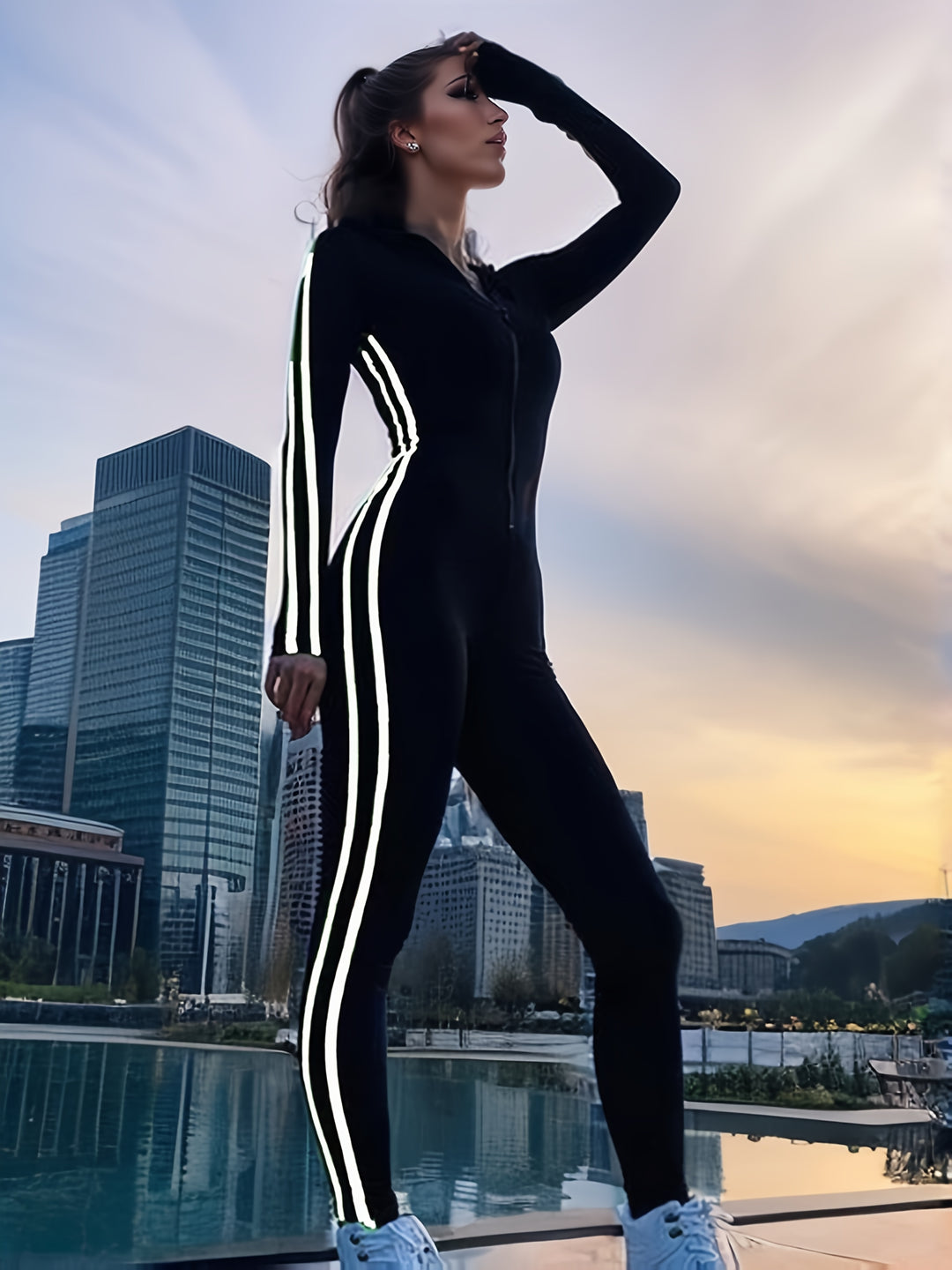 Women's Slim-Fit Athletic Jumpsuit with Side Stripes & Invisible Zipper - Long Sleeve, Stretchy Polyester Blend, Machine Washable