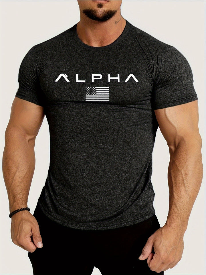 American Flag Alpha Print Comfortable Fit Crew Neck Short Sleeve T-Shirt - Soft, Breathable, Versatile, and Athletic Style for Spring and Summer - Perfect Gift for Men