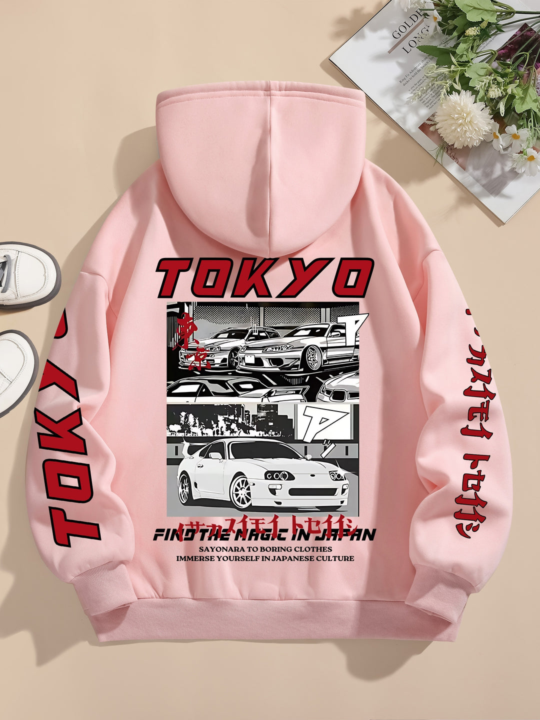 Women'S Casual Hooded Sweatshirt with Graphic Car Print, 100% Polyester Knit Fabric, All-Season Drawstring Hoodie, 250gsm - Fashionable & Comfortable