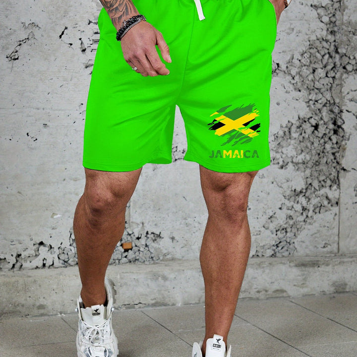 JAMAICA Men's Casual Fitness Shorts - Breathable Polyester, Letter Print Design with Pockets, Machine Washable