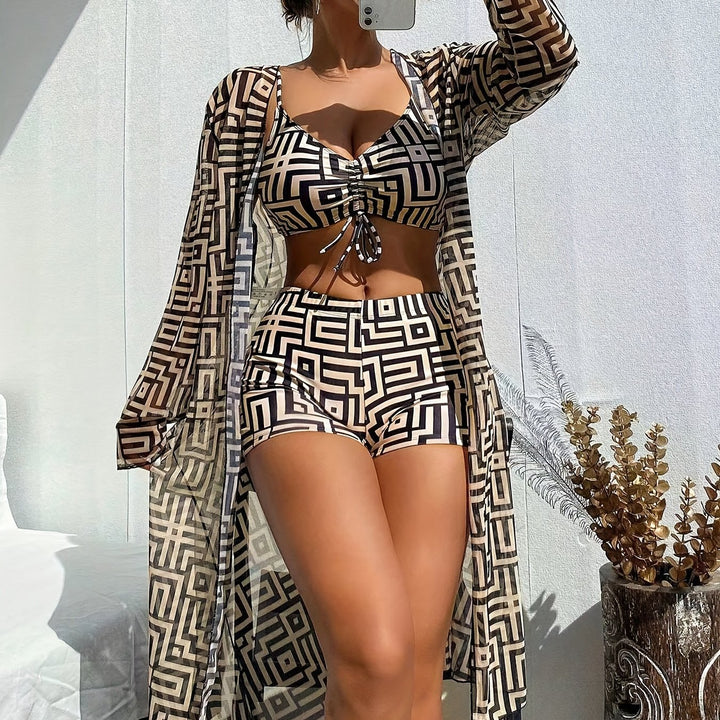 Women's Geometric Print Three-Piece Swimsuit Set with Long Sleeve Beach Cover-Up - Polyester Knit Fabric with Elastane, Medium Stretch - Chic Bikini Set for Swimming, Beachwear & Poolside - For Women - Perfect Gift for Summer