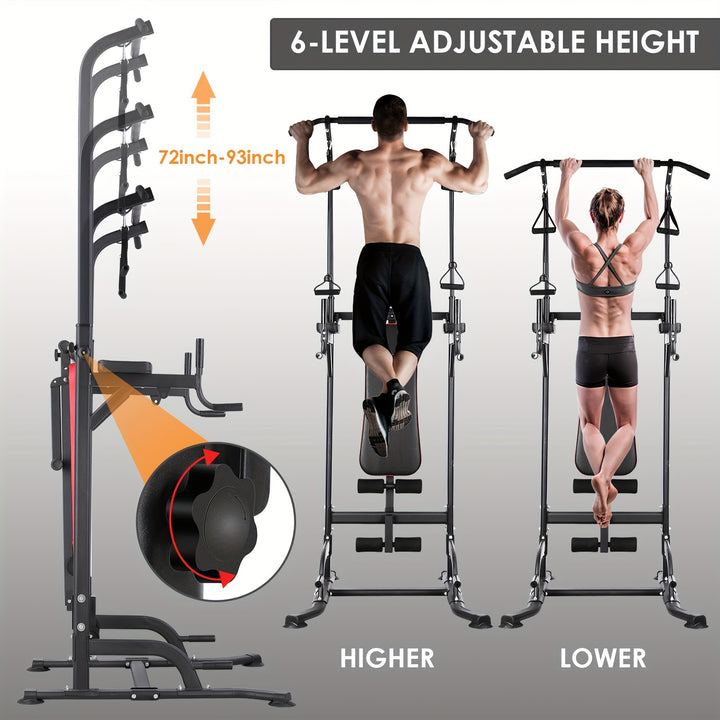 1pc LIFERUN Multifunctional Iron Power Tower Dip Station with Foldable Bench and Pull-Up Bar - Door Mount Strength Training Equipment for Home Gym, Includes Training Bands, 200KG Load Capacity