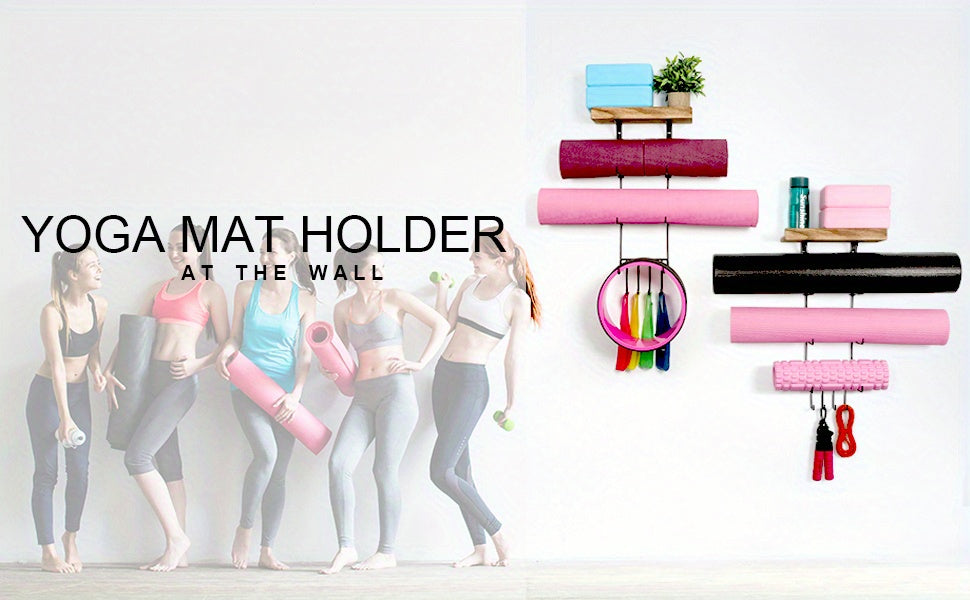 Yoga Mat Holder Accessories Wall Mount Organizer Storage Decor Foam Roller and Towel Storage Rack with 4 Hooks and Wooden Shelves Yoga Mats Rack Resistance Bands for Home Gym School Office