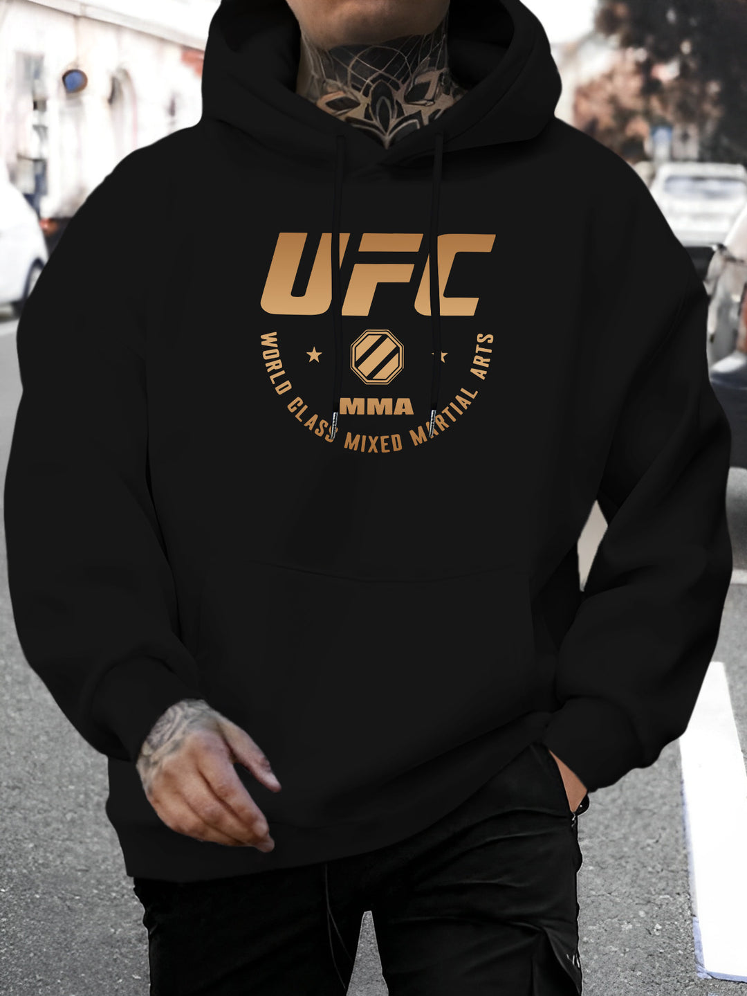 Men'S UFC Graphic Hoodie - Polyester Casual Pullover with Hood - Fall/Winter Knit Fabric Casual Style - Regular Fit Long Sleeve Hooded Sweatshirt with Slight Stretch - Alphabet Print Fashion Hooded Top