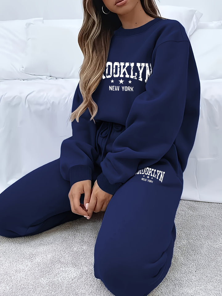 Brooklyn New York Casual Tracksuit Set for Women - Polyester Crew Neck Sweatshirt and Joggers with Alphabet Print - Knit Fabric, Regular Fit Lounge Wear for All Seasons