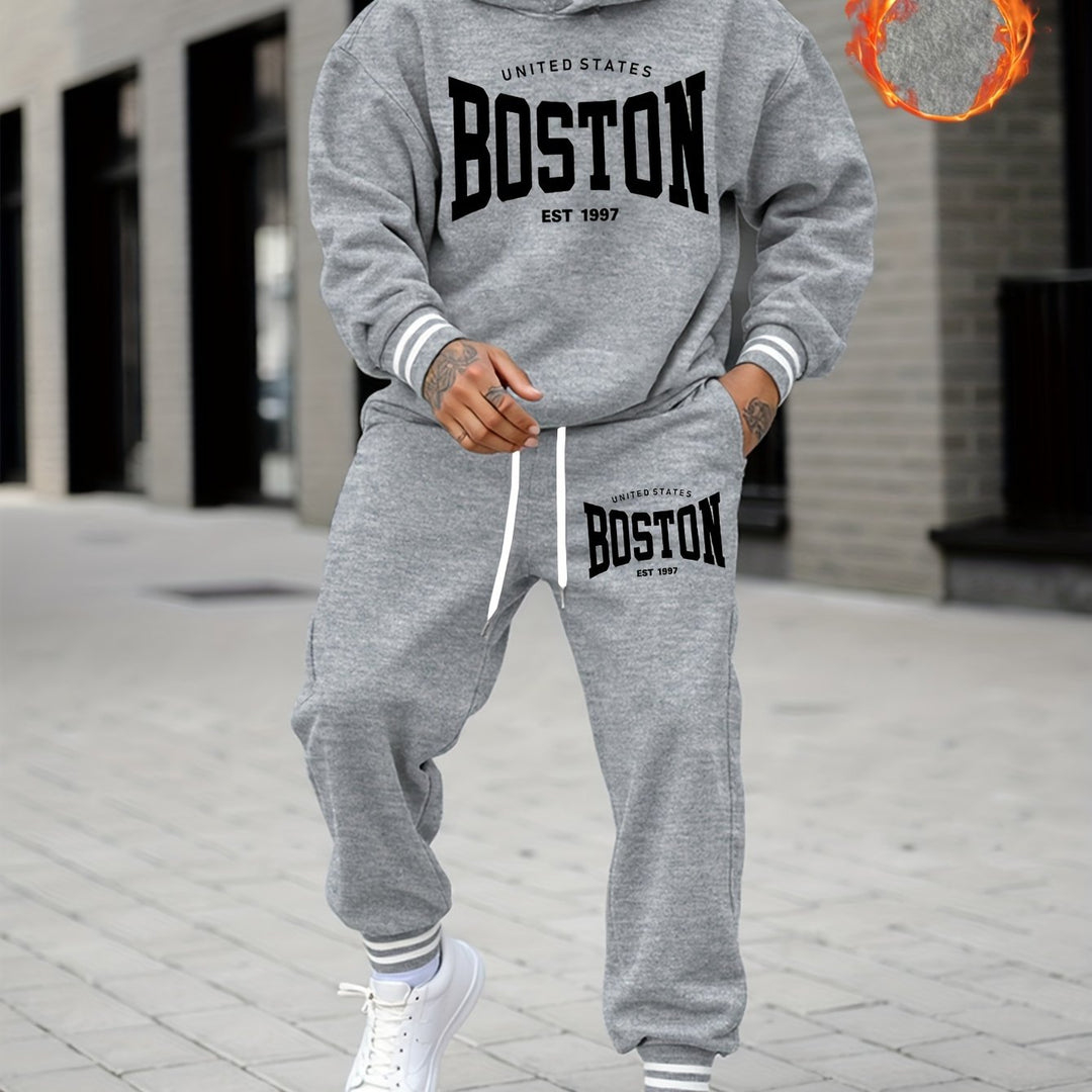 Men's Casual Sportswear Set - Printed Hoodie & Joggers, Polyester Blend, Machine Washable - Perfect for Fall/Winter