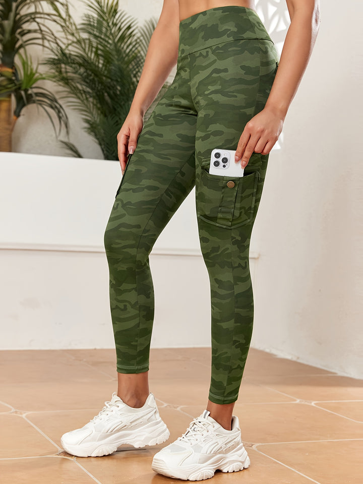 Women's Camouflage Print High Waisted Yoga Leggings With Pockets, Slim Fit Athletic Workout Pants, Utility Cargo Style, Sportswear