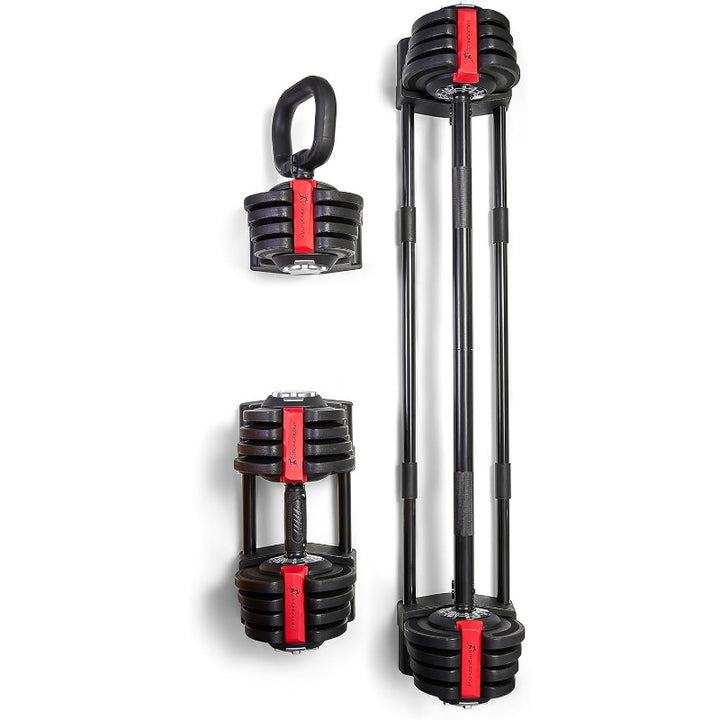 Home Fitness Black/Red Adjustable Smart Barbell/Dumbbell/Kettlebell from 2kg up to 19kg Training Weights