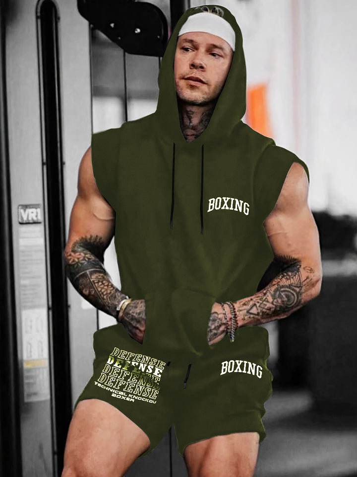 2-piece Men's Summer Sports Set, Novelty Boxing Letter Print Men's Sleeveless Hooded Vest With Kangaroo Pocket & Sports Shorts With Pockets co ord set