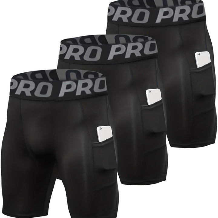 3pcs Men's High-Elastic Compression Shorts - PRO Pro Pro Design, Breathable & Stretchy Fabric, Perfect for Gym, Running & Sports Activities, Black with Side Pockets, Plus Size Shorts