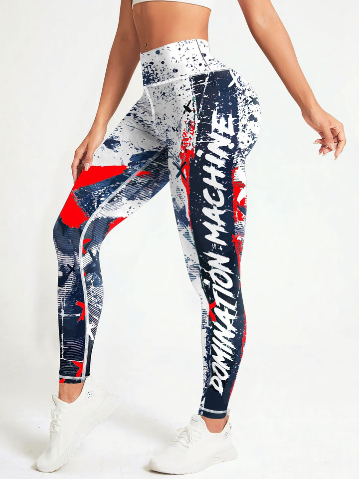 Fashionable Letter Printed High Waist Yoga Leggings - Bold Graffiti Color Block Design, Butt Lifting & Tummy Control, Womens Performance Running Tight Pants