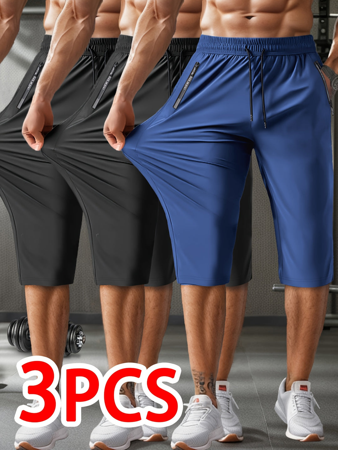 3pcs Men'S Casual Active Polyamide Shorts, High Stretch Knit Fabric, Solid Color, Straight Leg, with Pockets, Elastic Waist with Drawstring