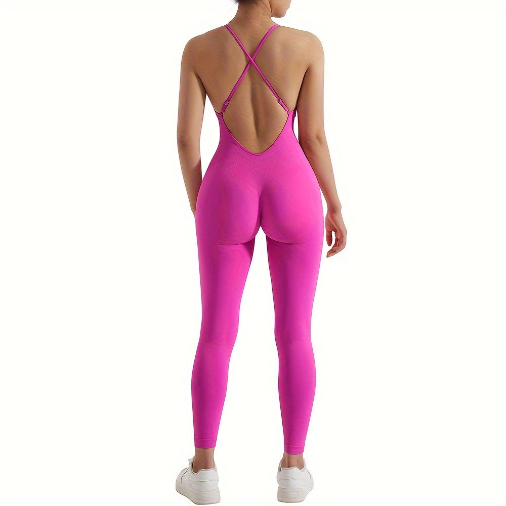 [Customer Favourite] Women's Sleek Backless Yoga Jumpsuit with Removable Pads - High-Waist, Stretchy Nylon/Spandex Blend, Machine Washable