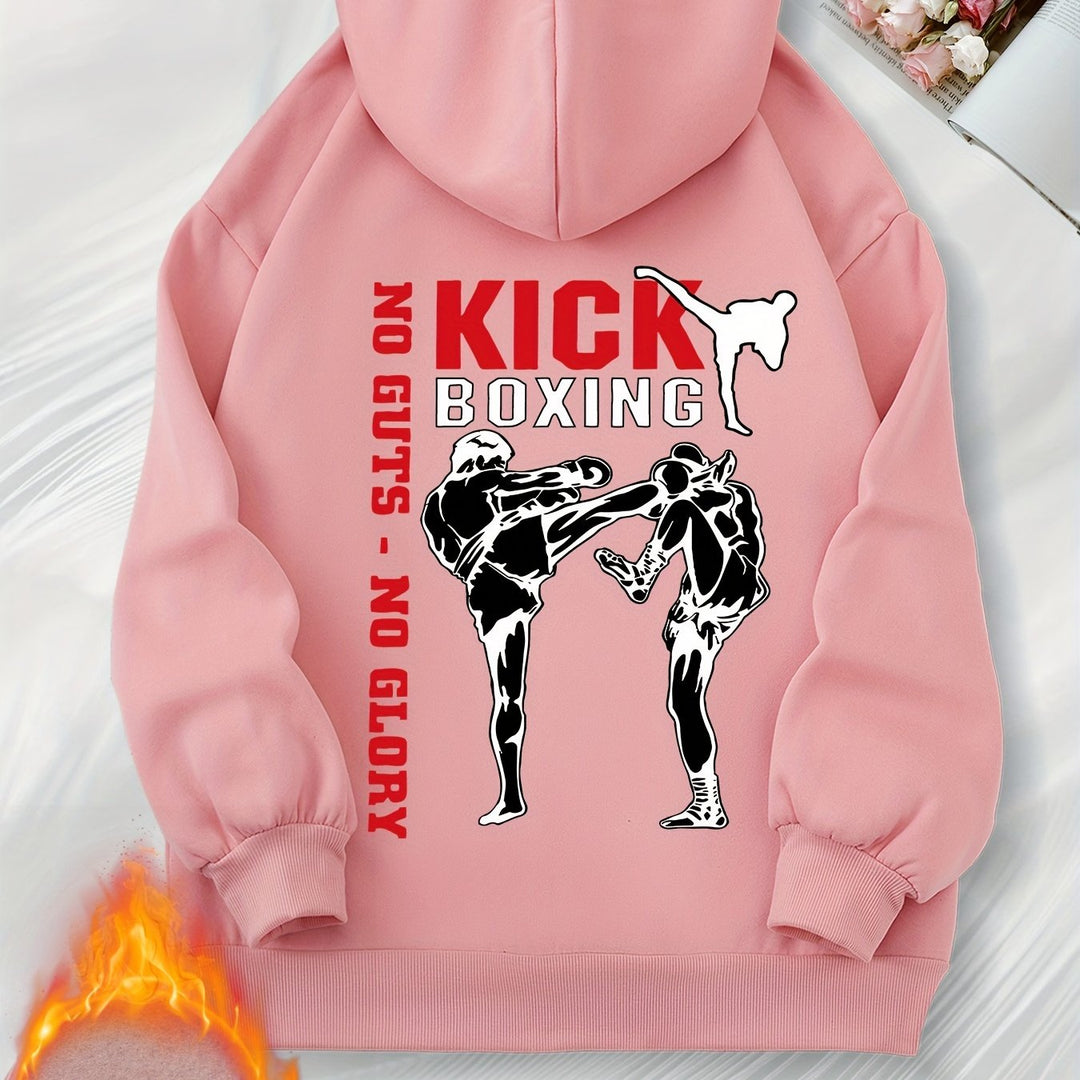 Women's Casual Boxing Print Fleece-Lined Hoodie with Drawstring & Kangaroo Pocket - Cozy Long Sleeve Pullover, Machine Washable