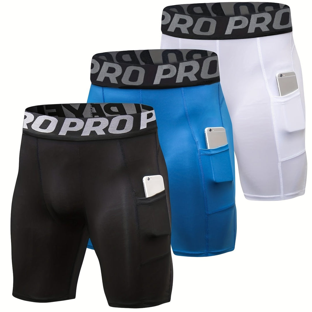 3pcs Men's High-Elastic Compression Shorts - PRO Pro Pro Design, Breathable & Stretchy Fabric, Perfect for Gym, Running & Sports Activities, Black with Side Pockets, Plus Size Shorts