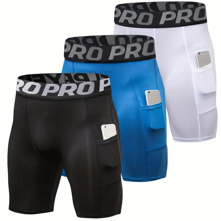 3pcs Men's High-Elastic Compression Shorts - PRO Pro Pro Design, Breathable & Stretchy Fabric, Perfect for Gym, Running & Sports Activities, Black with Side Pockets, Plus Size Shorts