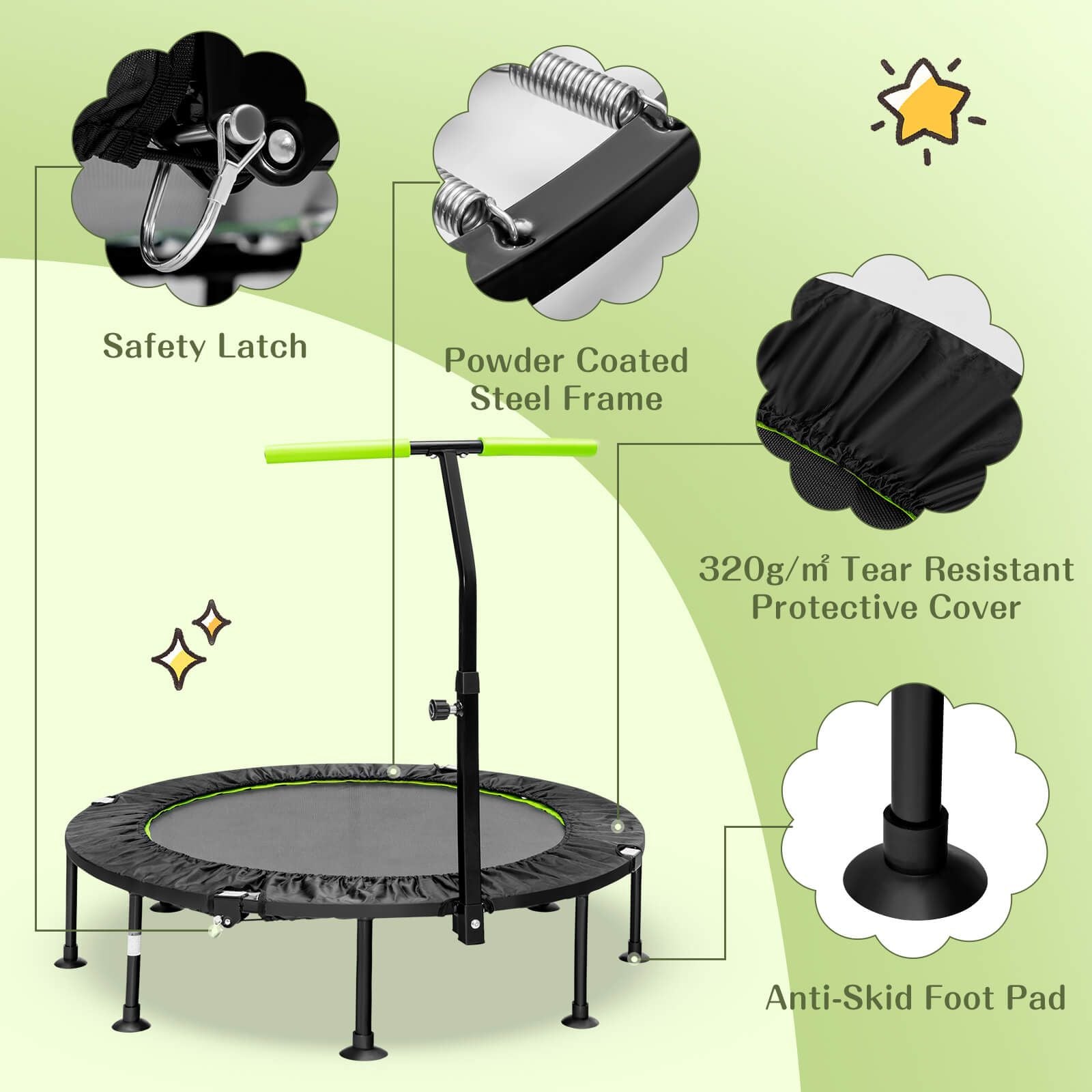 110 CM Mini Trampoline Bounce with Height Adjustable Handrail