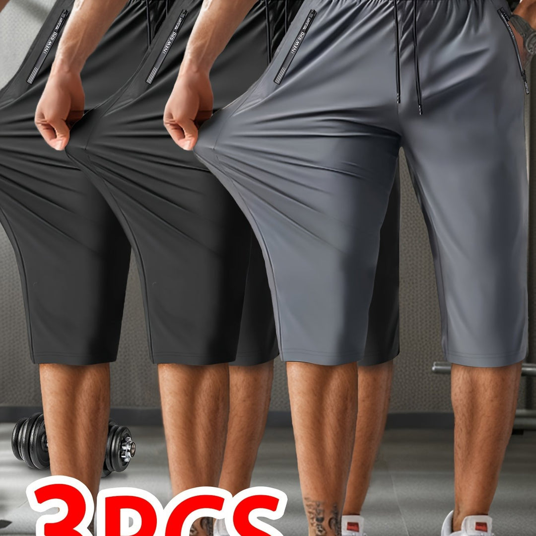 3pcs Men'S Casual Active Polyamide Shorts, High Stretch Knit Fabric, Solid Color, Straight Leg, with Pockets, Elastic Waist with Drawstring