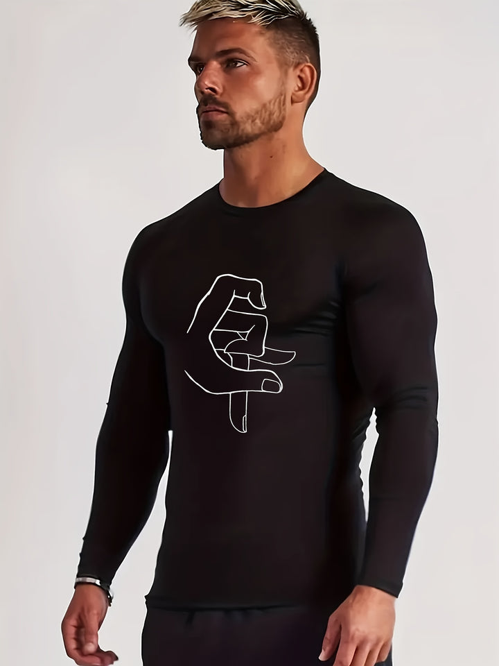 Men's Gesture Pattern Long Sleeve Fitness T-shirt, Compression Tight Sports Top