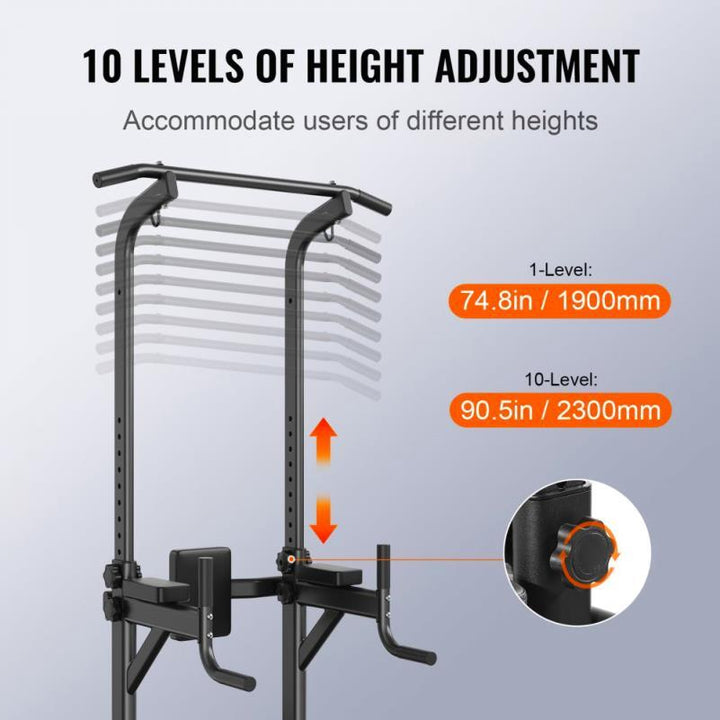 Adjustable 10 Level Power Tower with Detachable Bench Multi Function Dip Station and Pull Up Bar Home Gym Fitness Equipment for Strength Training Up to 199.58KG